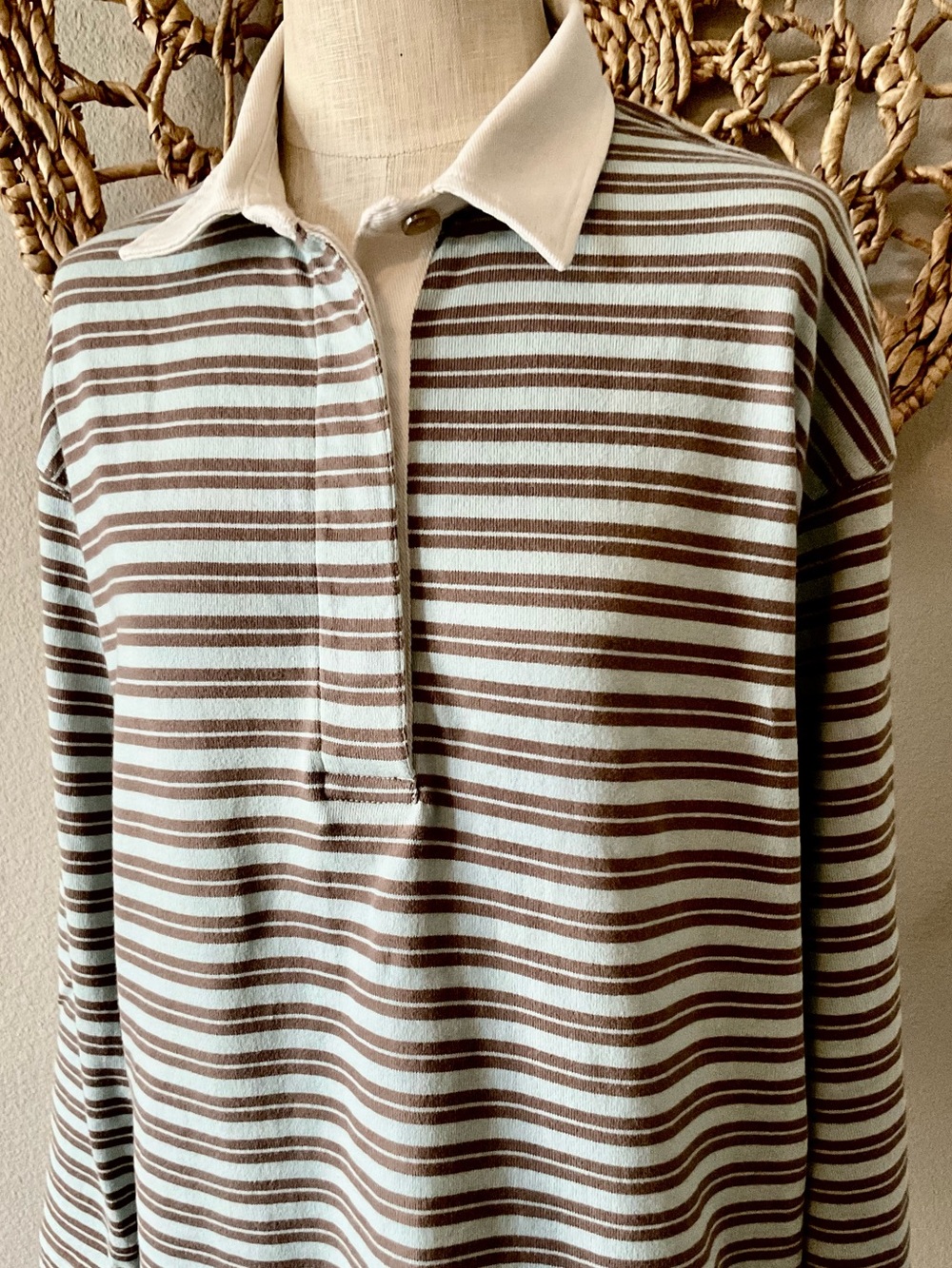 Faherty Brown and Cream Striped Long-Sleeve Polo. Unisex. 100% organic cotton. M